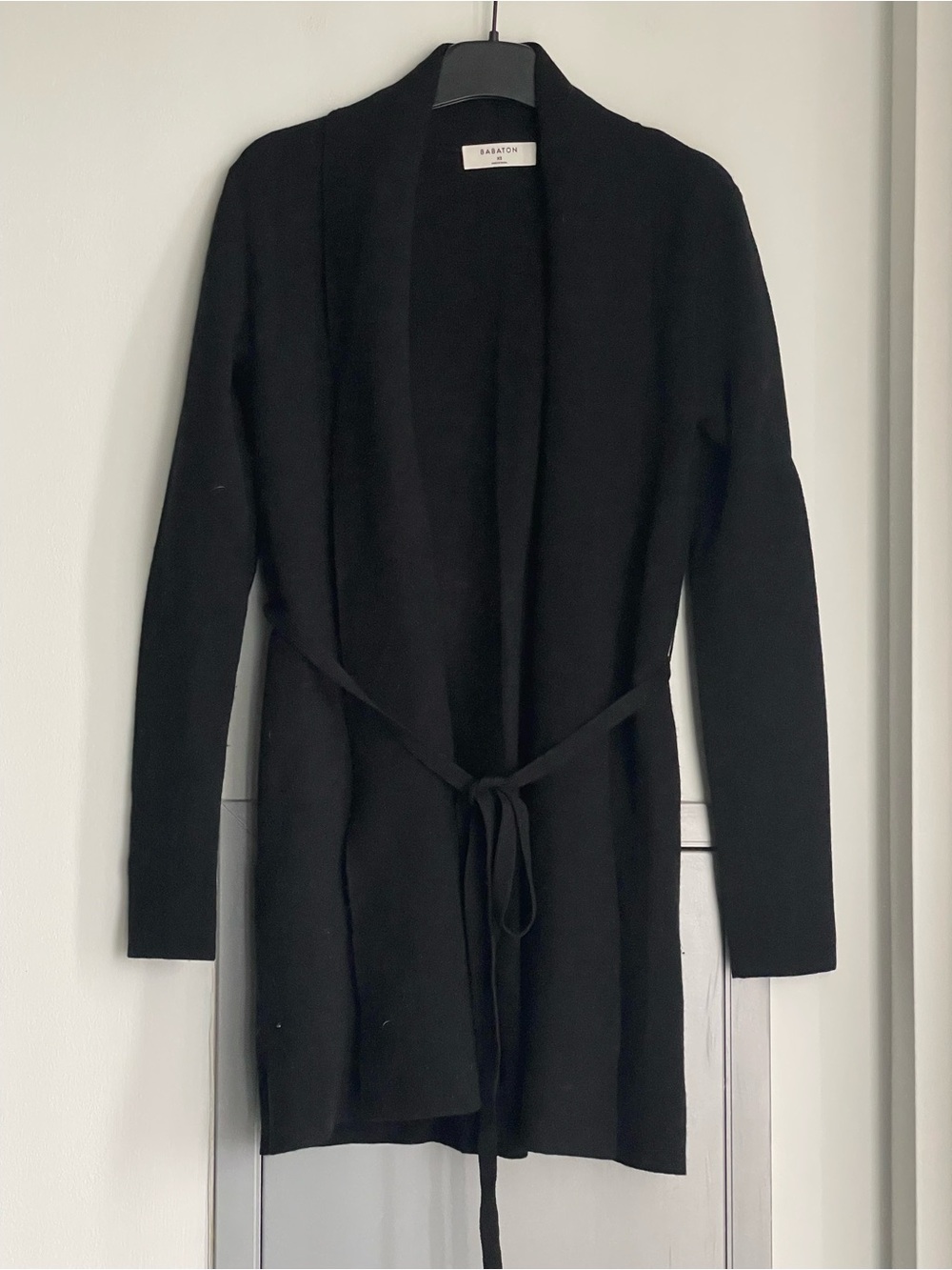 ARITZIA BABATON Black Open-Front Belted Merino Wool Blend Cardigan